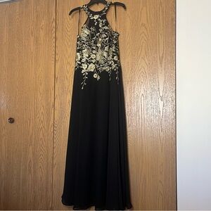 Betsy & Adam Gold and Black Halter Prom Gown
